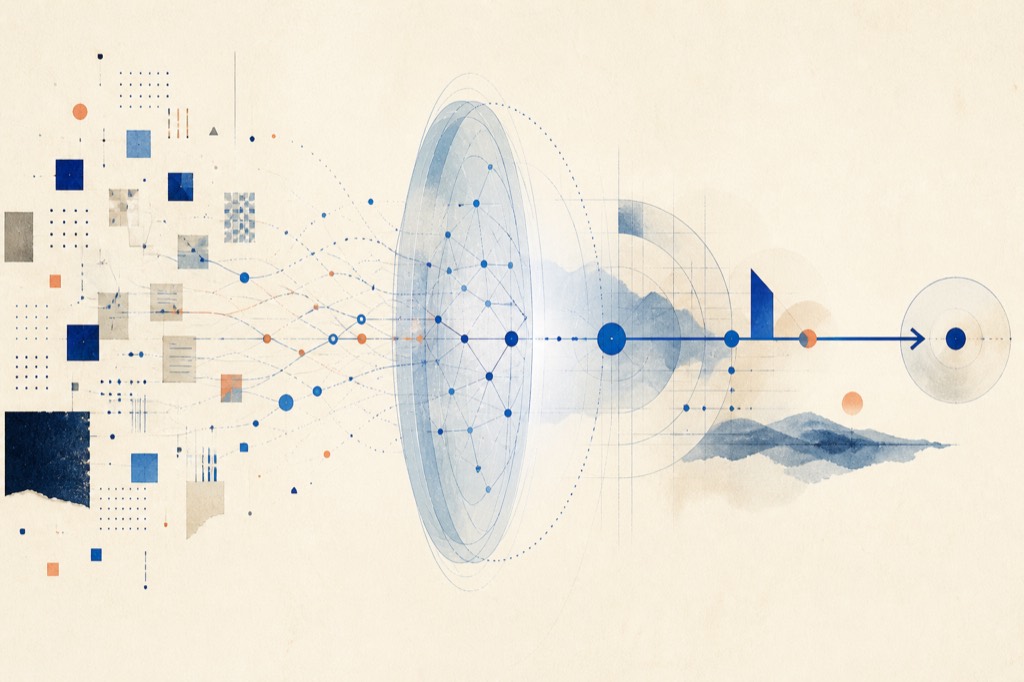 Fragmented enterprise data passing through a semantic lens and resolving into a clear decision path